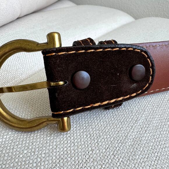 J. Hilburn Men's Brown Suede Orange Contrast Stitch Brass Buckle Belt Size 34 - Picture 6 of 10